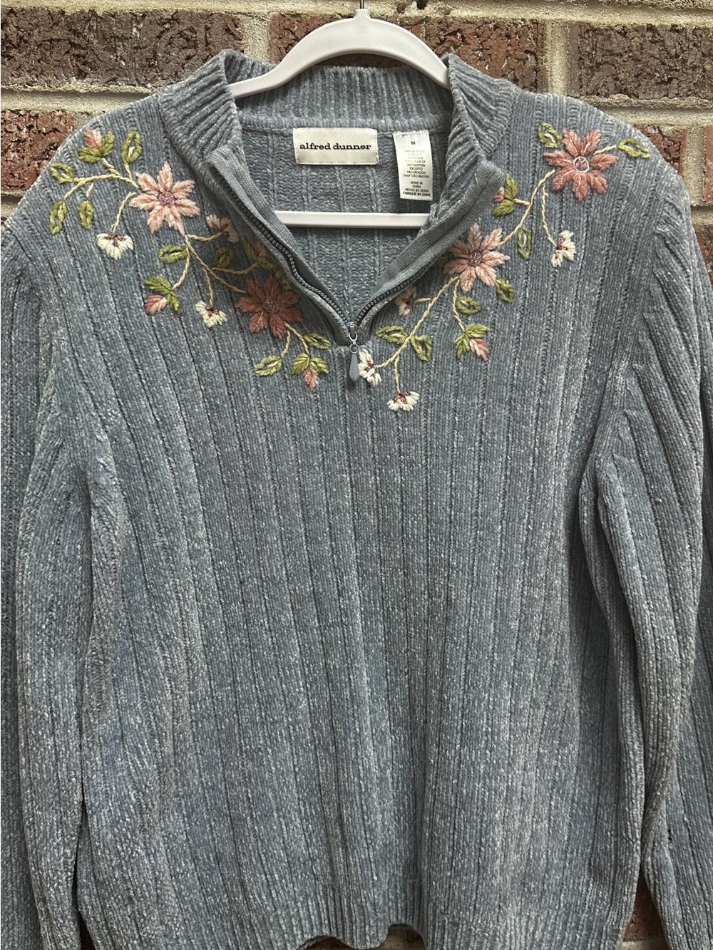 Alfred Dunner blue Ribbed Quarter-Zip Sweater with Pink Floral Embroidery
